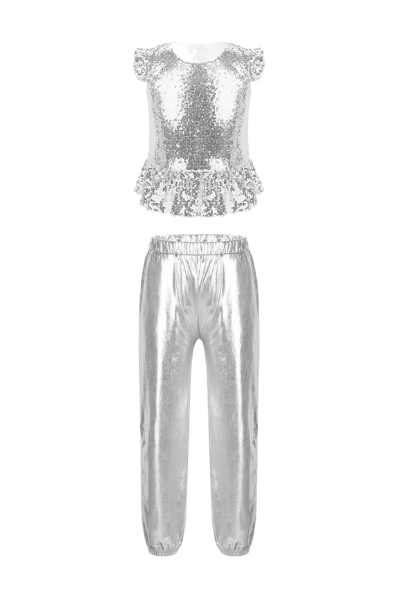 Kids Girls Hip Hop Street Dance Sport Outfits Sequins Peplum Crop Top with Metallic Harem Pants Tracksuit Set Silver 10
