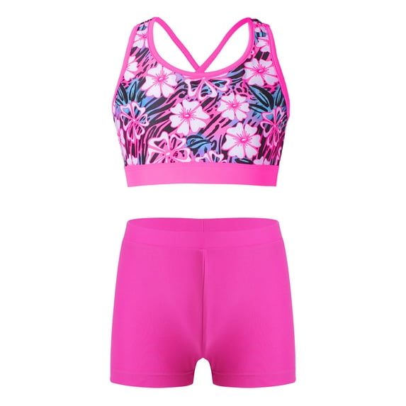 TiaoBug Kids Girls Holiday Swimwear 2 Piece Printed Tankini Swimsuit Strappy Back Crop Top with Shorts Bathing Suit Gardenia&Hot Pink 14