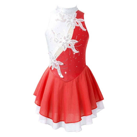 TiaoBug Kids Girls Figure Ice Skating Dance Dress Sleeveless Flower Sequins Ballet Leotard Tutu Dress Burgundy&White 12
