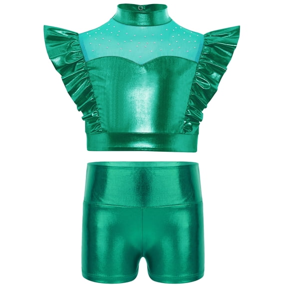 TiaoBug Kids Girls Jazz Hip Hop Dance Outfit Sleeveless Ruffle Crop Tops with Metallic Shorts Set Dancewear Green 6