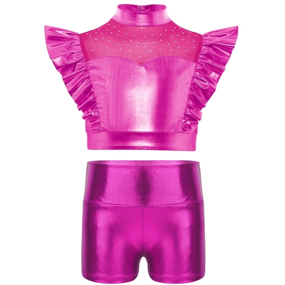 TiaoBug Kids Girls Jazz Hip Hop Dance Outfit Sleeveless Ruffle Crop Tops with Metallic Shorts Set Dancewear Hot Pink 8