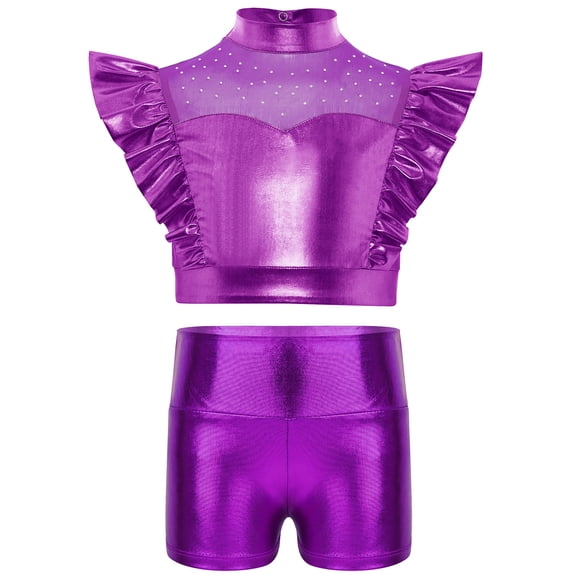 TiaoBug Kids Girls Jazz Hip Hop Dance Outfit Sleeveless Ruffle Crop Tops with Metallic Shorts Set Dancewear Purple 10