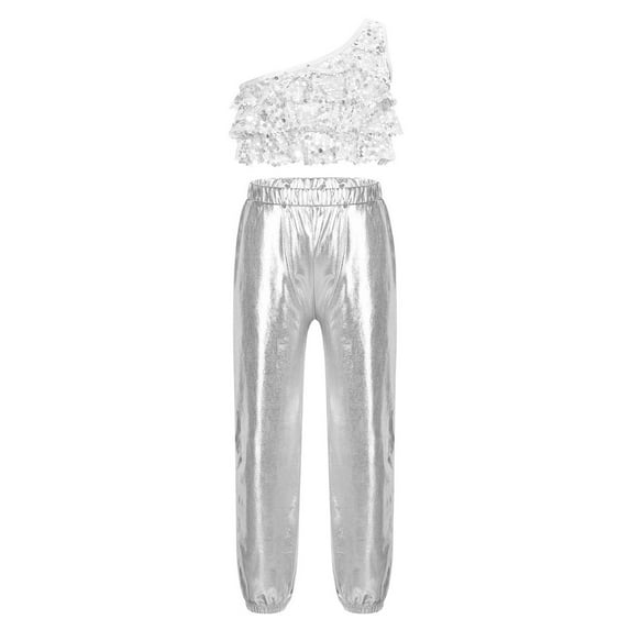 TiaoBug Kids Girls Jazz Hip Hop Dance Outfits Sequins Crop Top with Pants Cheerleading Dancewear Silver 10