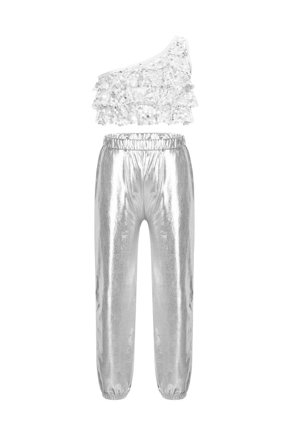 Kids Girls Jazz Hip Hop Dance Outfits Sequins Crop Top with Pants Cheerleading Dancewear Silver 6