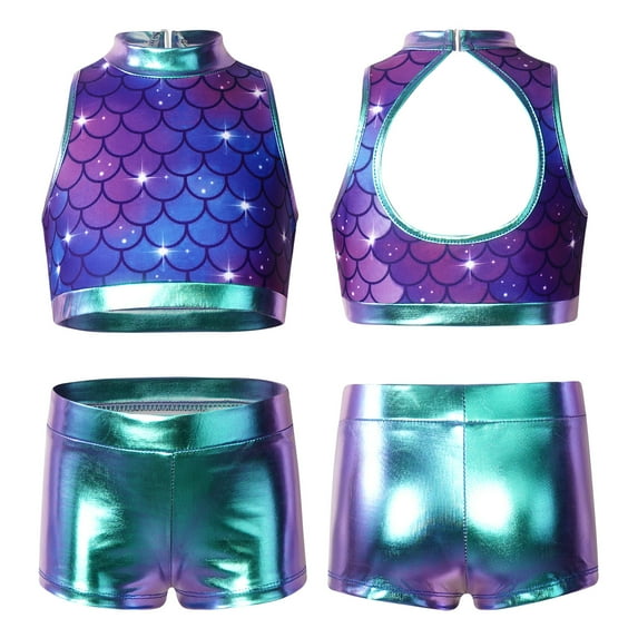 TiaoBug Kids Girls Jazz Hip-hop Dance Outfits Sequins Crop Top Metallic Bottoms Set Purple Fish Scales 10