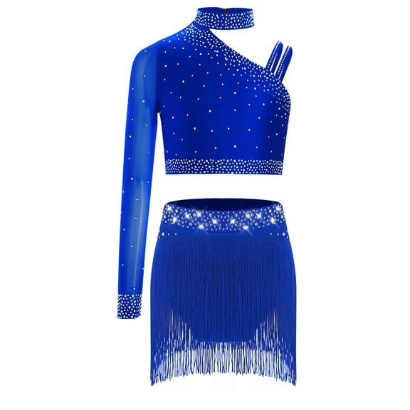 TiaoBug Kids Girls Jazz Latin Dance Outfit Lyrical Dance Dress One Shoulder Crop Top with Skirt Leotard Dancewear Blue 6