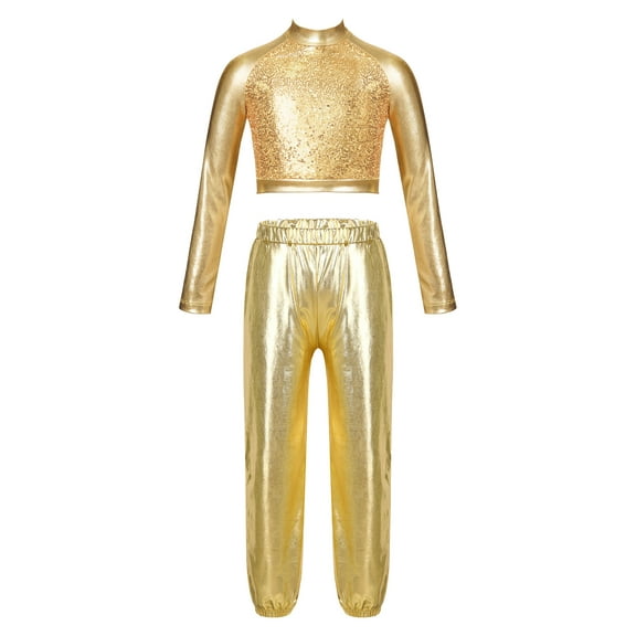 TiaoBug Kids Girls Jazz Street Dance Hip Hop Activewear Sequins Crop Top And Pants Sport Workout Outfit Gold 14