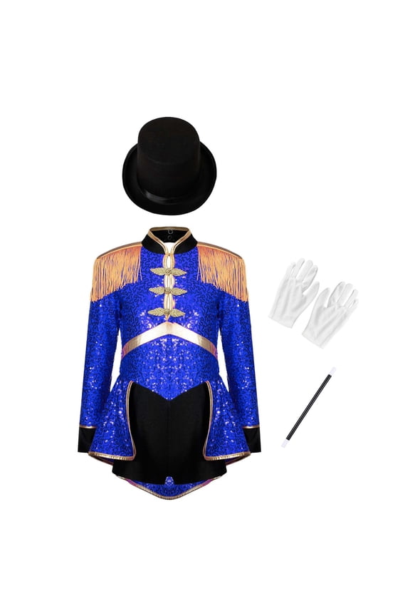 Kids Girls Jr.Magician Circus Show Sets Long Sleeve Sequins Tuxedo Bodysuits Blue 12