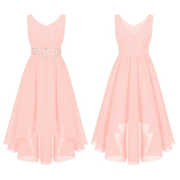 TiaoBug Kids Girls Junior V Neck Chiffon Party Gown High Low Hem Dress