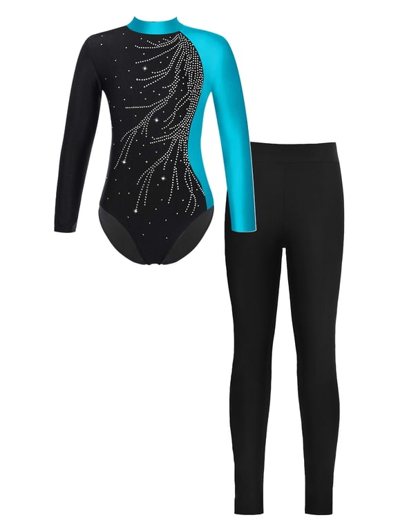 TiaoBug Kids Girls Kids Long Sleeve Gym Leotard with Legging 2Pcs Outfits Skating Competition Dancewear Green&Black 10