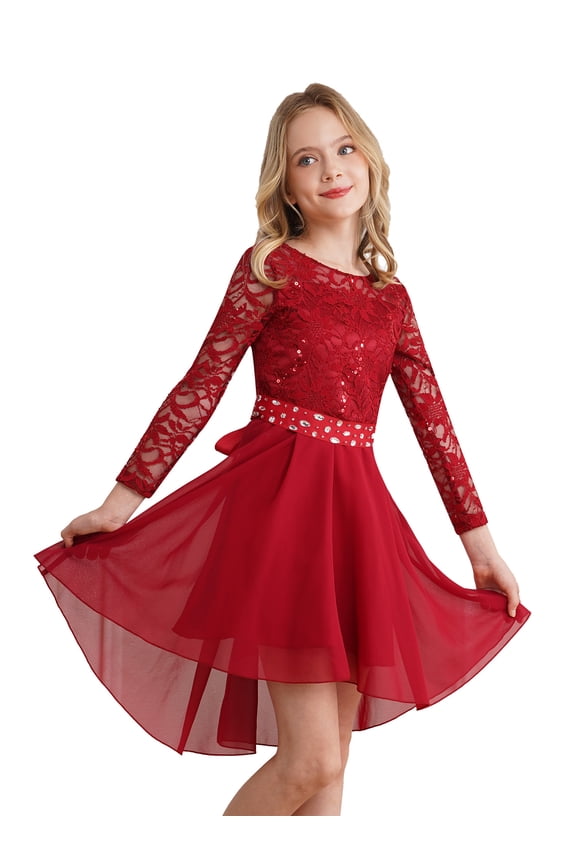 Kids Girls Lace Chiffon Wedding Bridesmaid Dresses Shiny Rhinestone Flower Girl Proms Ball Gown Burgundy 16