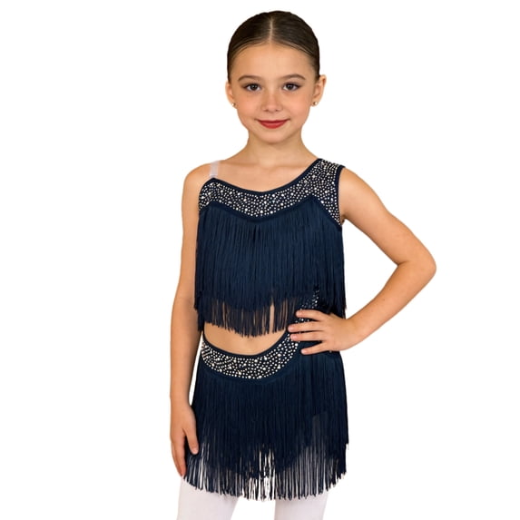 TiaoBug Kids Girls Latin Dance Outfit Ballroom Salsa Tassel Fringe Dress One Shoulder Crop Top and Skirt Set Navy Blue 14