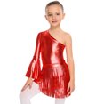 thumbnail image 1 of TiaoBug Kids Girls Latin Dance Outfit Shiny Metallic Fringe Dress One Shoulder Top with Tassels Skirts Set Red 10, 1 of 7