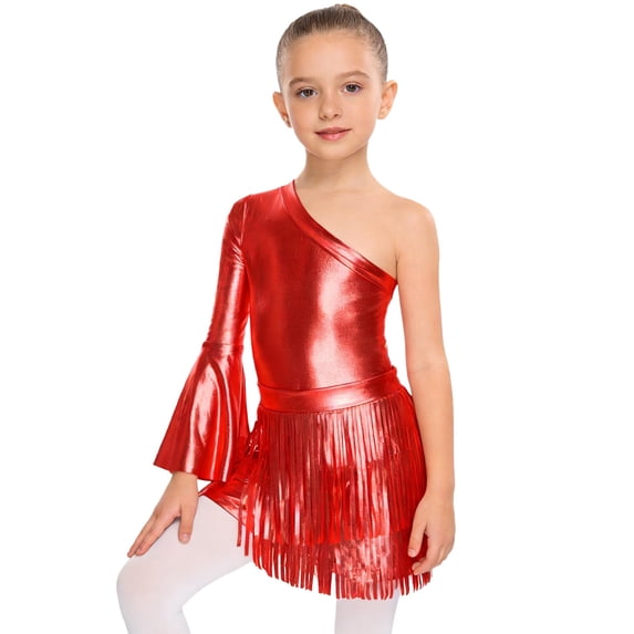 TiaoBug Kids Girls Latin Dance Outfit Shiny Metallic Fringe Dress One Shoulder Top with Tassels Skirts Set Red 10