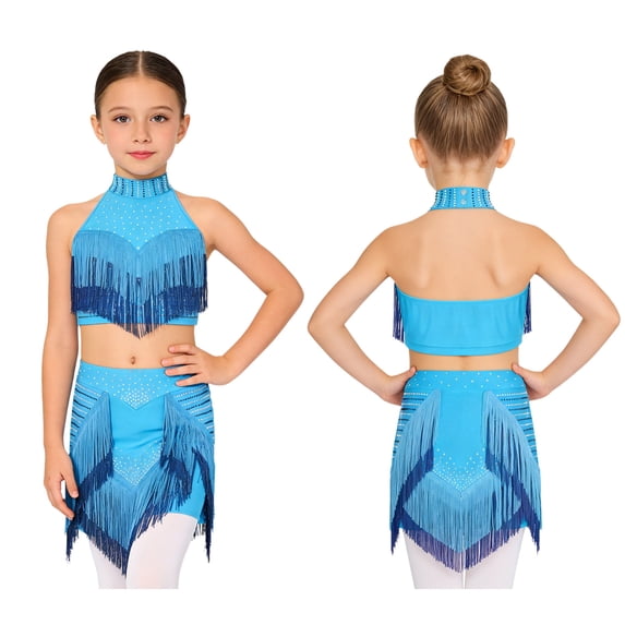 TiaoBug Kids Girls Latin Dance Outfits Fringe Tassels Halter Backless Crop Top with Mini Skirts Dancewear Light Blue 14