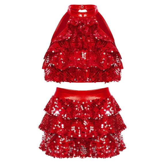 TiaoBug Kids Girls Latin Jazz Dance Outfits Shiny Sequins Crop Tops with Tutu Skirt Red 4