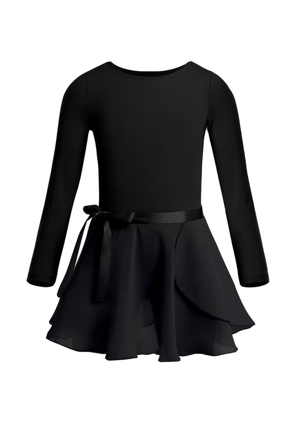 Kids Girls Long Sleeve Ballet Leotard with Wrap Chiffon Skirt Gymnastic Tutu Dress Dancewear Black 3-4