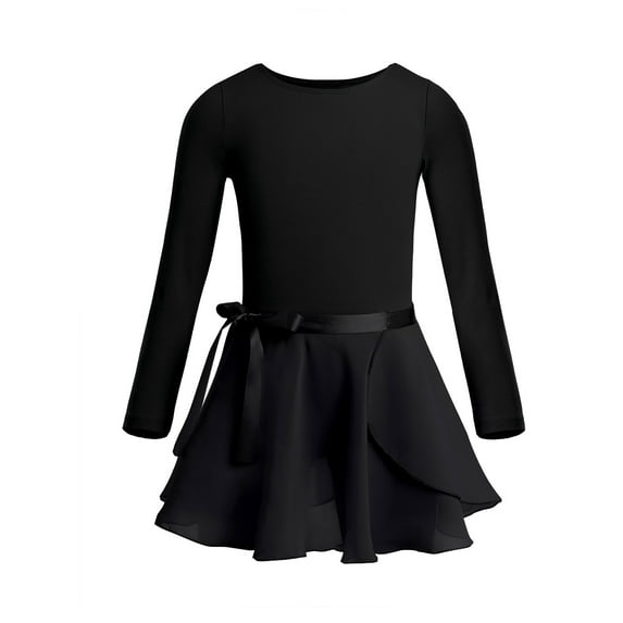 TiaoBug Kids Girls Long Sleeve Ballet Leotard with Wrap Chiffon Skirt Gymnastic Tutu Dress Dancewear Black 7-8