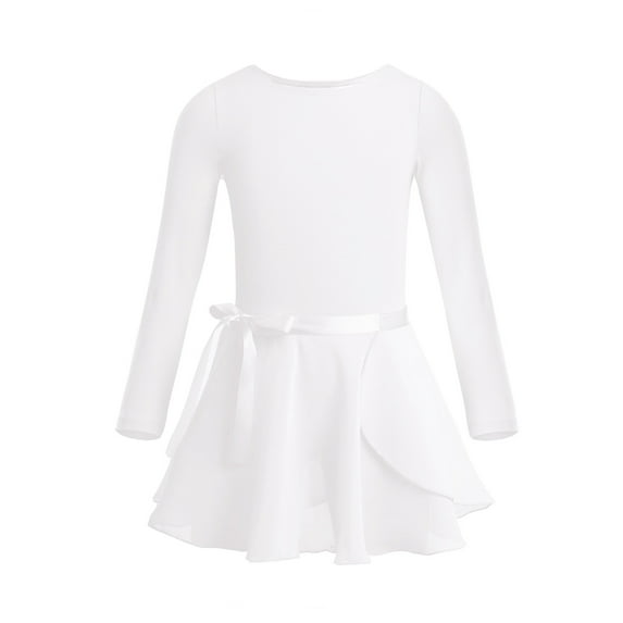 TiaoBug Kids Girls Long Sleeve Ballet Leotard with Wrap Chiffon Skirt Gymnastic Tutu Dress Dancewear Ivory 2-3