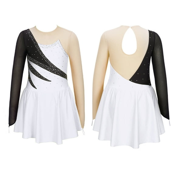 TiaoBug Kids Girls Long Sleeve Contrast Color Figure Ice Skating Lyrical Ballet Dance Dress White 10