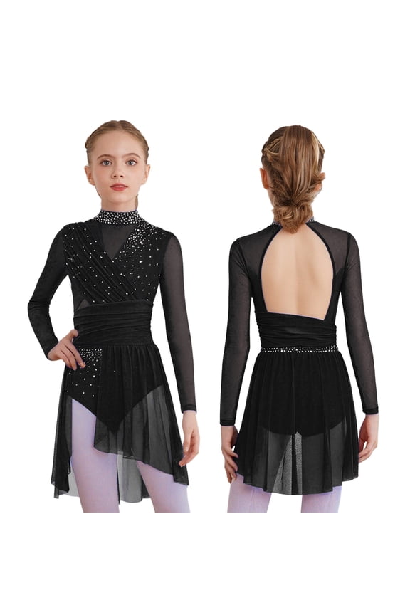 Kids Girls Long Sleeve Cutout Glittery Shiny Ballet Dance Dress Latin Jazz Cha-Cha Dancewear Black 16