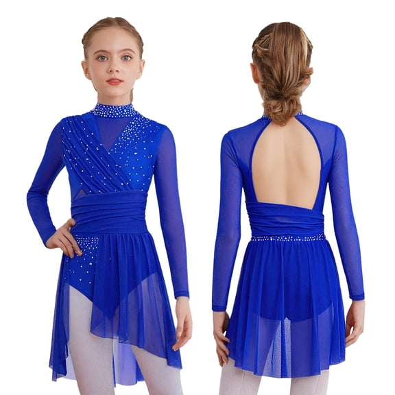 TiaoBug Kids Girls Long Sleeve Cutout Glittery Shiny Ballet Dance Dress Latin Jazz Cha-Cha Dancewear Blue 6
