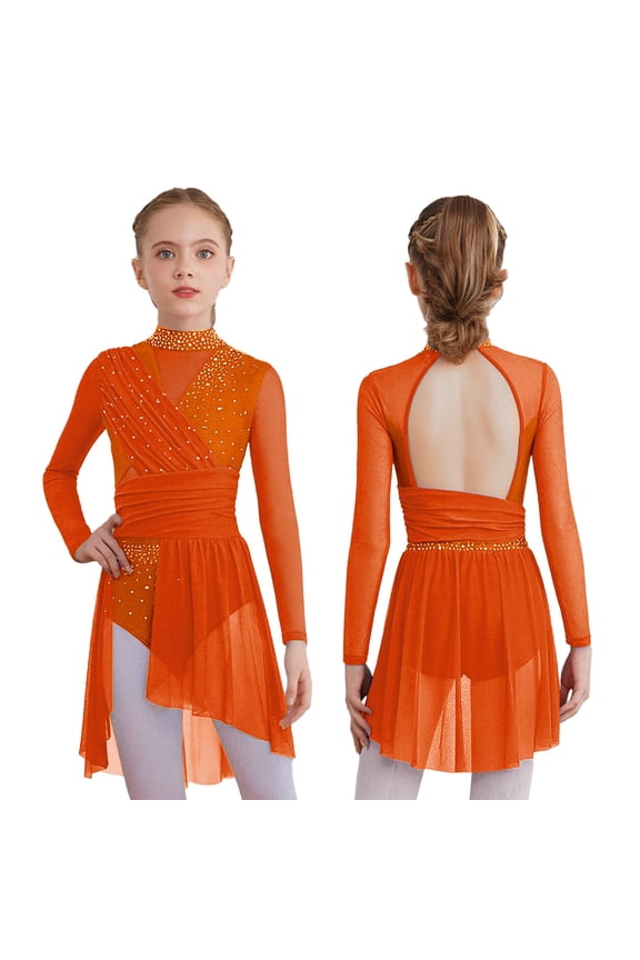 Kids Girls Long Sleeve Cutout Glittery Shiny Ballet Dance Dress Latin Jazz Cha-Cha Dancewear Orange 8