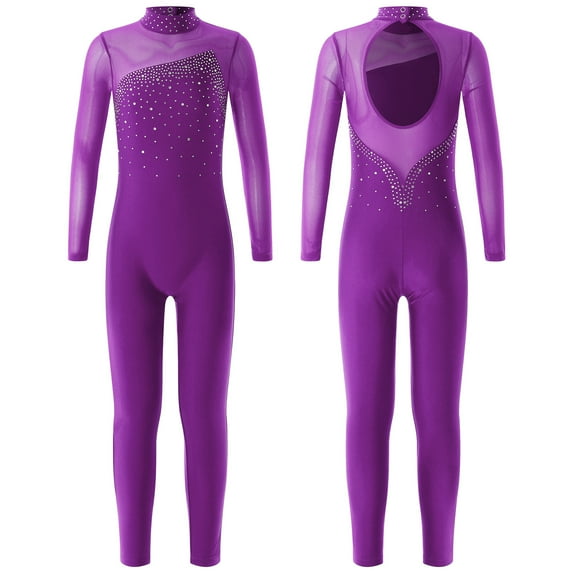 TiaoBug Kids Girls Long Sleeve Figure Ice Skating Jumpsuit Gymnastics Leotard Unitard Purple 6
