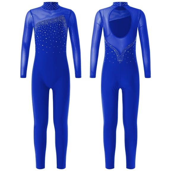 TiaoBug Kids Girls Long Sleeve Figure Ice Skating Jumpsuit Gymnastics Leotard Unitard Royal Blue 14