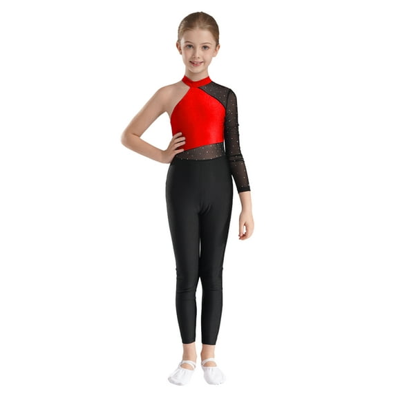 TiaoBug Kids Girls Long Sleeve Full Body Unitard Colorblock Dance Ballet Gymnastics Leotard Bodysuit Red 12