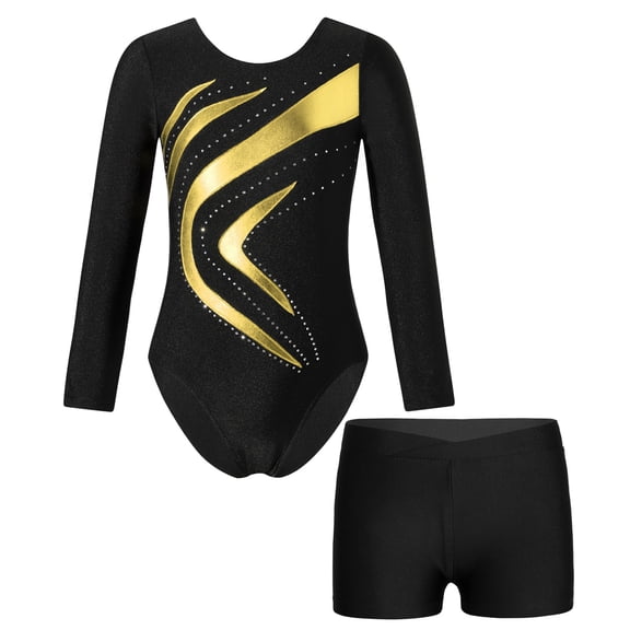 TiaoBug Kids Girls Long Sleeve Gymnastic Leotard Unitard Ballet Dance Bodysuit with Shorts Gold 12