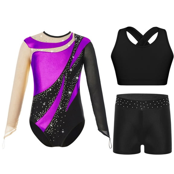 TiaoBug Kids Girls Long Sleeve Gymnastics Dance Leotard Sparkle Unitard Bodysuit Vest with Shorts Set Purple-A 8