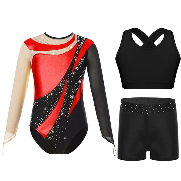 TiaoBug Kids Girls Long Sleeve Gymnastics Dance Leotard Sparkle Unitard Bodysuit Vest with Shorts Set Red-A 16