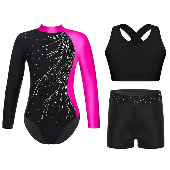 TiaoBug Kids Girls Long Sleeve Gymnastics Dance Leotard Sparkle Unitard Bodysuit Vest with Shorts Set Rose 10