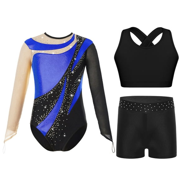 TiaoBug Kids Girls Long Sleeve Gymnastics Dance Leotard Sparkle Unitard Bodysuit Vest with Shorts Set Royal Blue-A 8