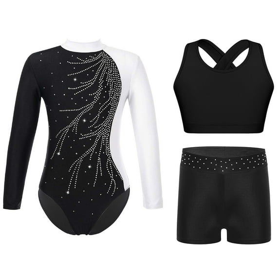 TiaoBug Kids Girls Long Sleeve Gymnastics Dance Leotard Sparkle Unitard Bodysuit Vest with Shorts Set White 10