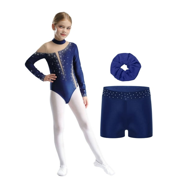 TiaoBug Kids Girls Long Sleeve Gymnastics Leotard with Shorts Hair Scrunchies Set Dance Biketard A Navy Blue 8