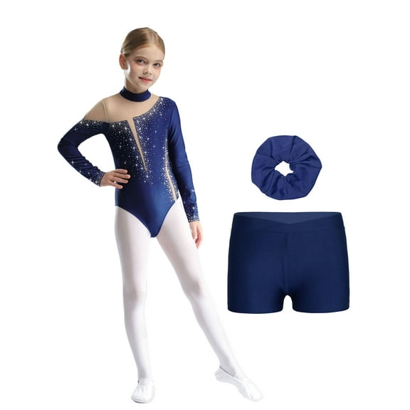 TiaoBug Kids Girls Long Sleeve Gymnastics Leotard with Shorts Hair Scrunchies Set Dance Biketard B Navy Blue 6