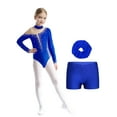 thumbnail image 1 of TiaoBug Kids Girls Long Sleeve Gymnastics Leotard with Shorts Hair Scrunchies Set Dance Biketard B Royal Blue 14, 1 of 7