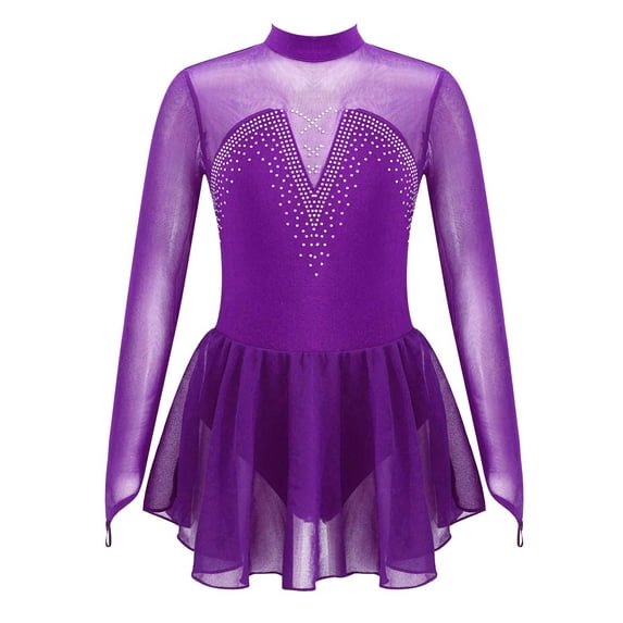 TiaoBug Kids Girls Long Sleeve Mesh Splice Skating Leotard Dress 6-14