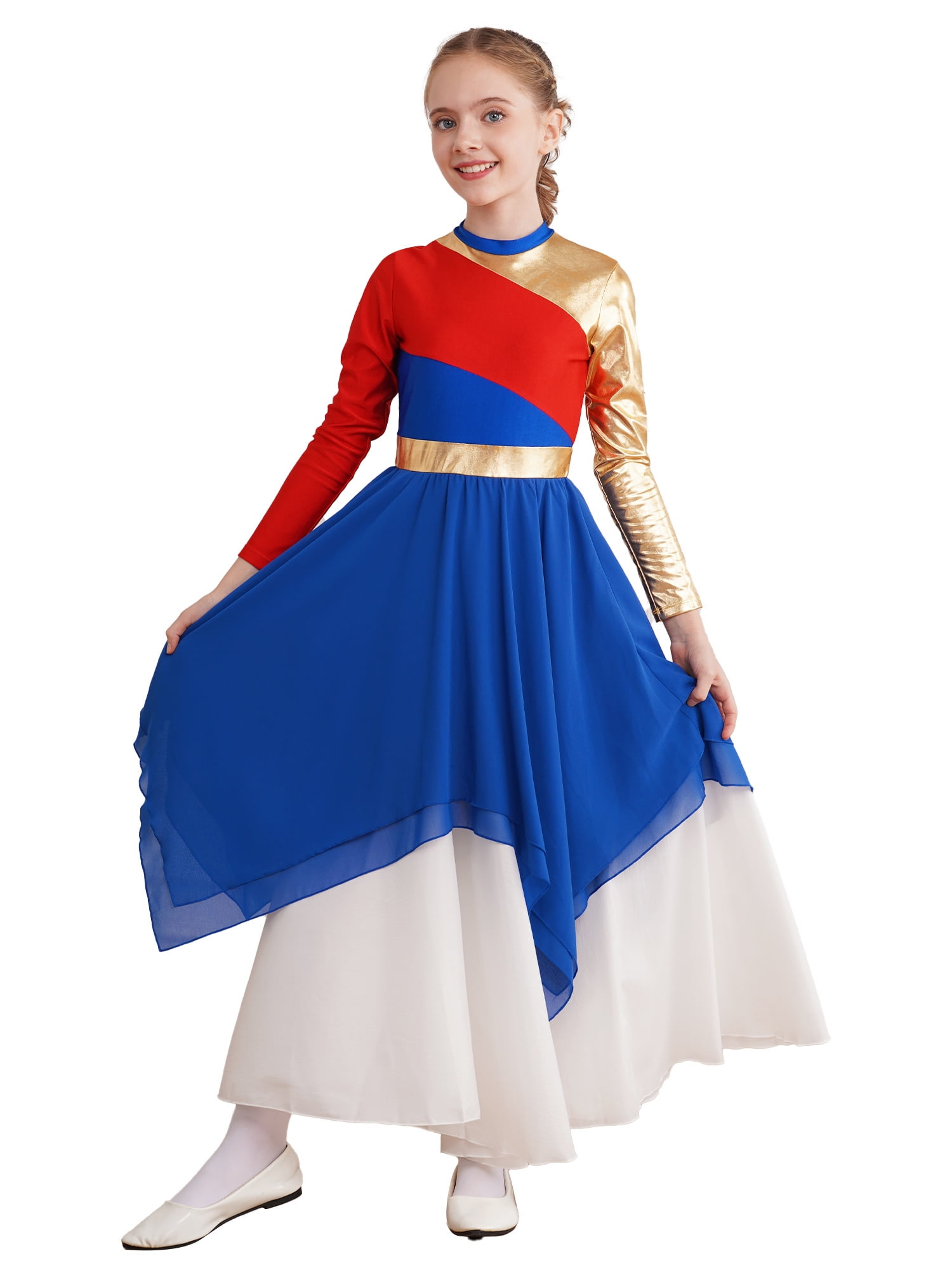 TiaoBug Kids Girls Long Sleeve Praise Dance Dress Color Block Worship Liturgical Costume Lyrical