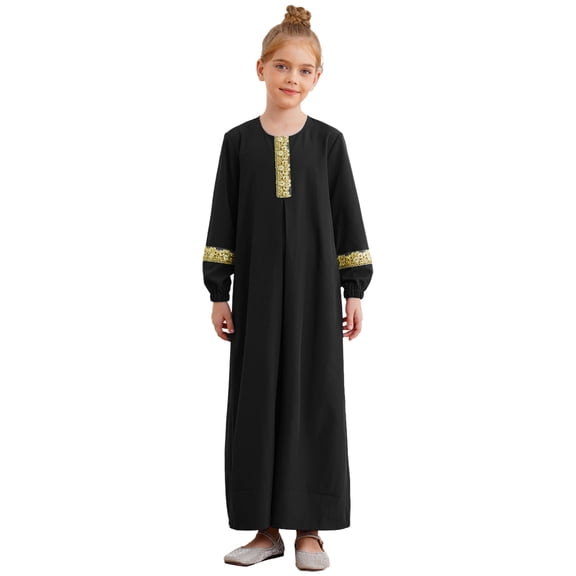 TiaoBug Kids Girls Long Sleeve Prayer Muslim Islamic Dress Church Abaya Praise Dance Robe Black 16