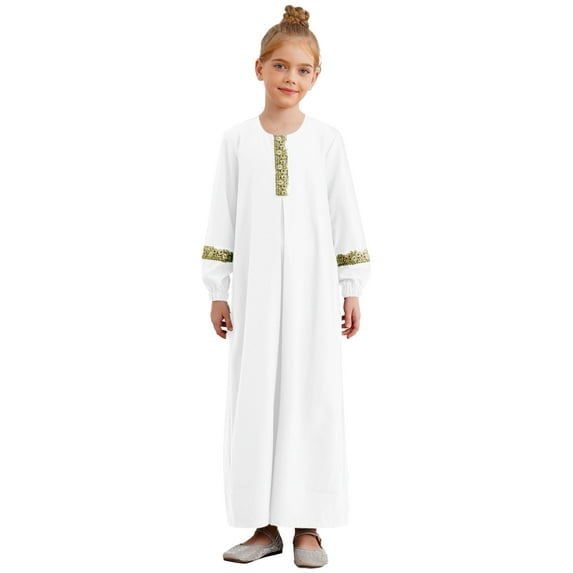 TiaoBug Kids Girls Long Sleeve Prayer Muslim Islamic Dress Church Abaya Praise Dance Robe White 12