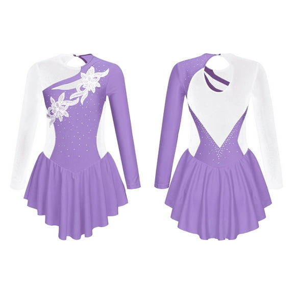 TiaoBug Kids Girls Long Sleeves Ballet Dance Gymnastic Leotard Sequins Skating Dress Lavender 8
