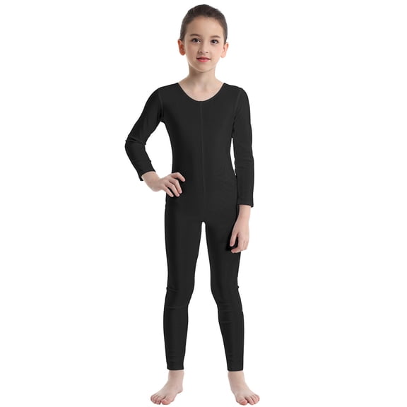 TiaoBug Kids Girls Long Sleeves Full Length Bodysuit Gymnastic Dance Jumpsuit Unitard Black 10-12