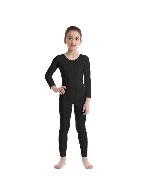 Kids Girls Long Sleeves Full Length Bodysuit Gymnastic Dance Jumpsuit Unitard Black 10-12