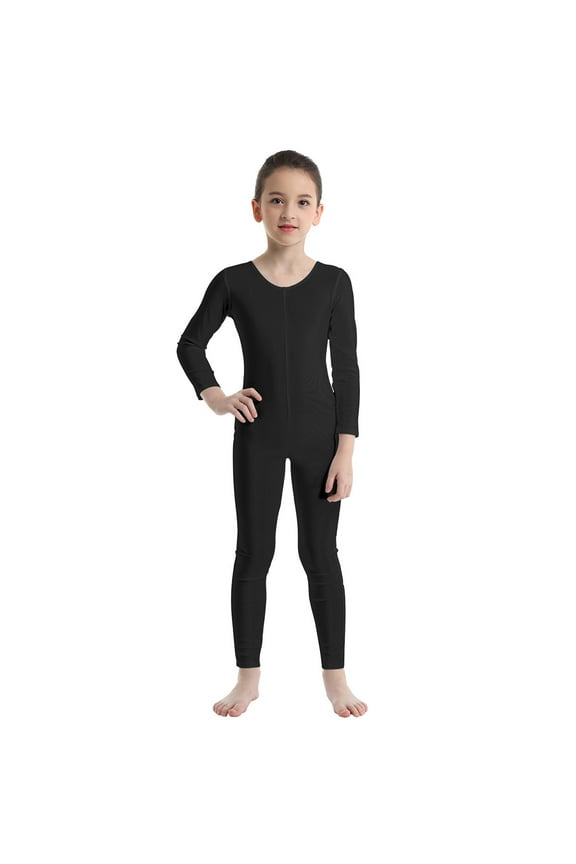 Kids Girls Long Sleeves Full Length Bodysuit Gymnastic Dance Jumpsuit Unitard Black 10-12