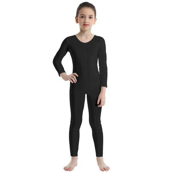 TiaoBug Kids Girls Long Sleeves Full Length Bodysuit Gymnastic Dance Jumpsuit Unitard Black 5-6
