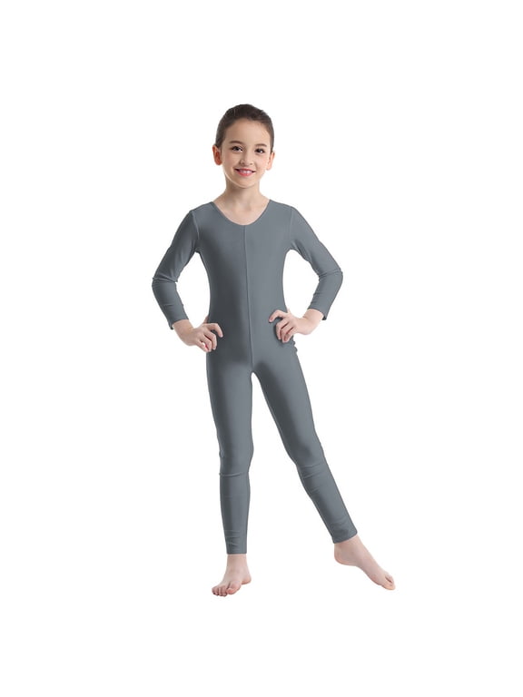 Kids Girls Long Sleeves Full Length Bodysuit Gymnastic Dance Jumpsuit Unitard Grey L