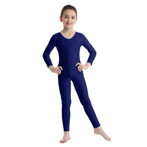 TiaoBug Kids Girls Long Sleeves Full Length Bodysuit Gymnastic Dance Jumpsuit Unitard Navy Blue S